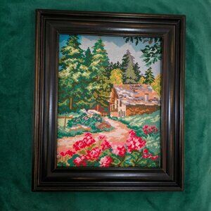 Handmade Cross Stitch Landscape Cottage in Forest Framed Needlework Vintage